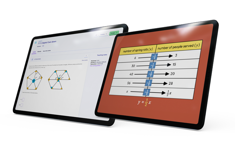 Two tablets featuring math equations from the Imagine IM digital platform, designed for grades K–12.