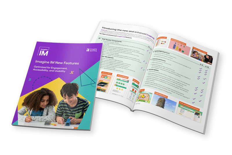 Two promotional brochures for the Imagine IM math program, showcasing new product features and tools for grades K-12.