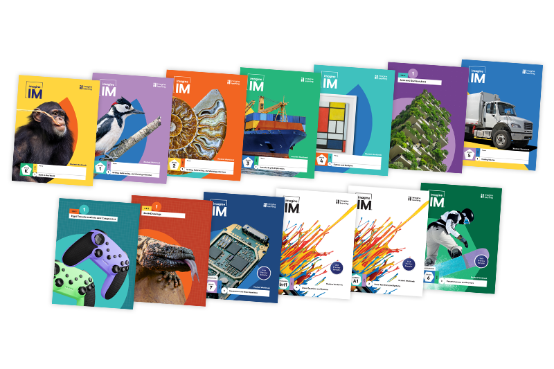 Thirteen program samples from the Imagine IM teacher unit guides and student workbooks for grades K–8.